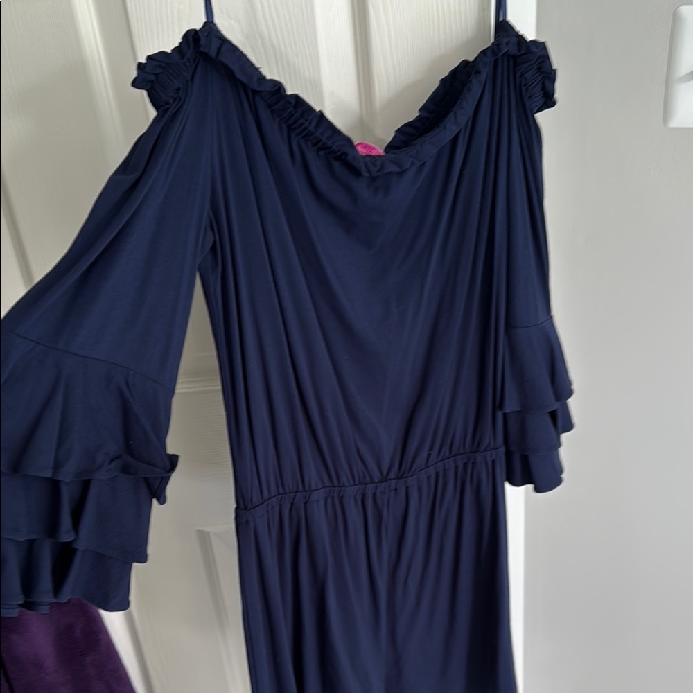 Navy Off-Shoulder Ruffle Romper - Picture 5 of 5